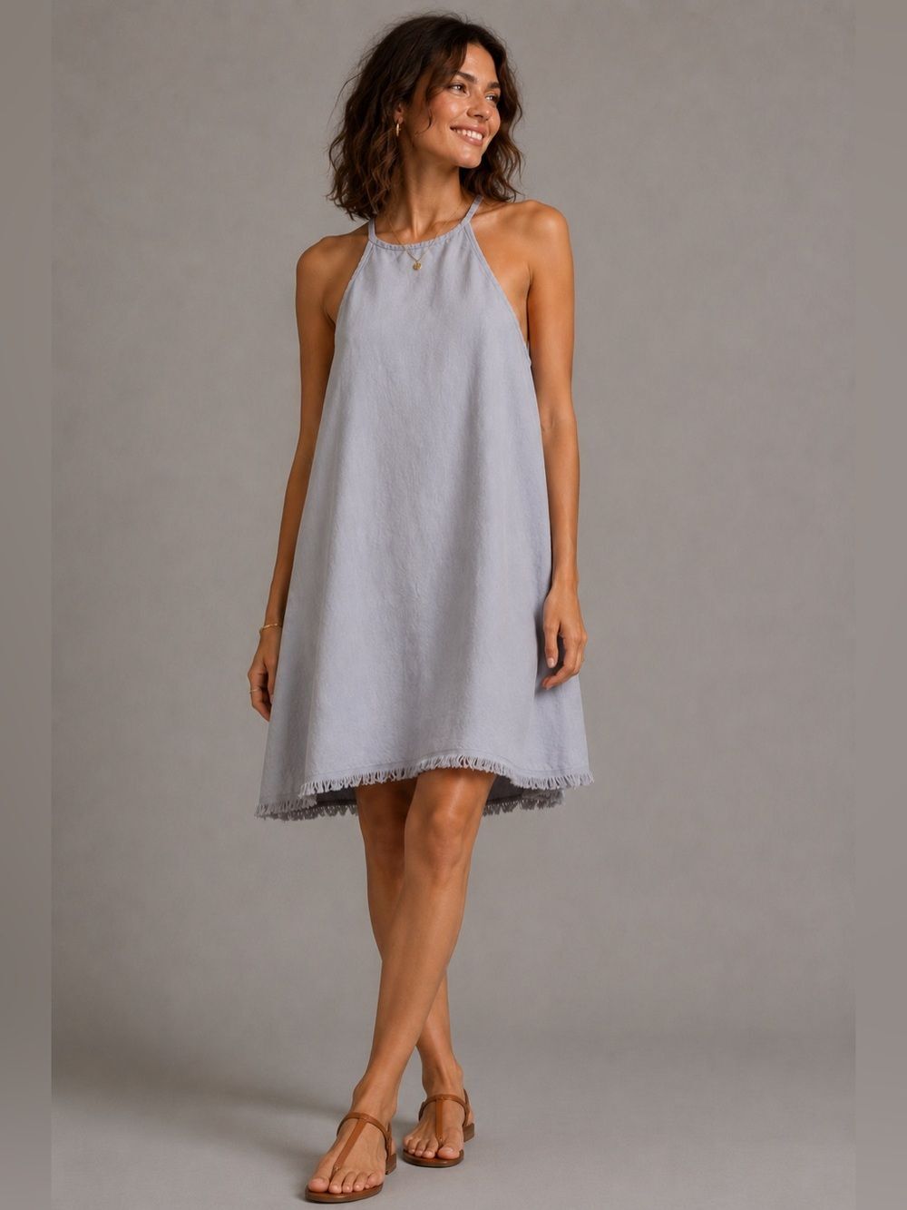 Cloth & Stone Gray Tencel Sleeveless Shift Dress Fringe Hem Tie Back Size S
